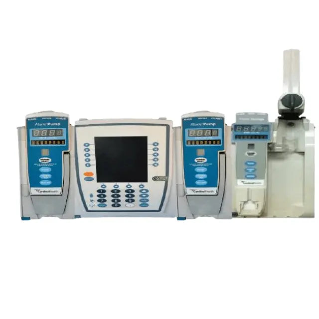 A set of refurbished Alaris medical equipment, including an infusion pump, medley module, and syringe pump module