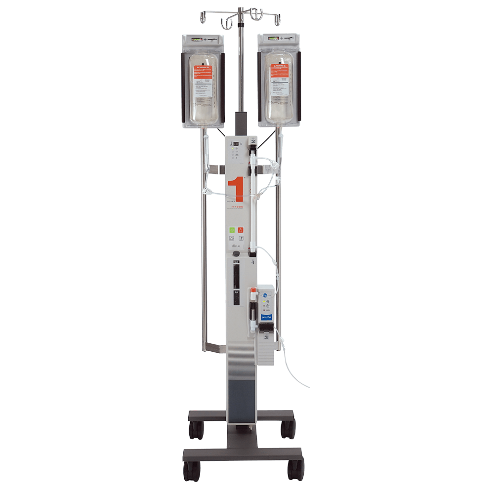 ICU Medical Level 1 H-1200 Medical IV stand with two bags on a white background